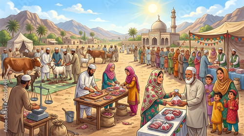 Vibrant Eid al-Adha market scene with families and livestock in a rural Pakistani village under a bright sun
