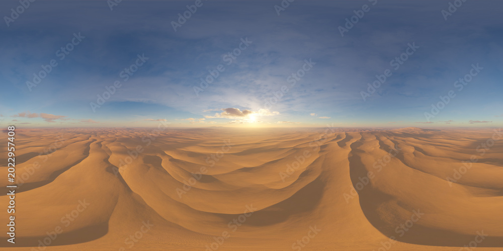 Naklejka premium Panoramic Desert Sand Dunes at Sunrise With Golden Light 3D Rendering Landscape