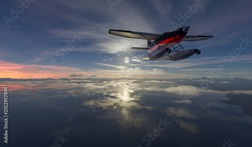 Fotografía Seaplane Floatplane Flying Over Clouds at Sunset With Moonlight Reflecting on Wa