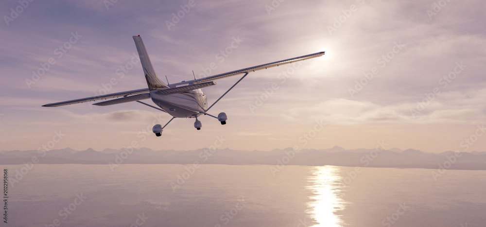 Naklejka premium Light Aircraft Flying Over Calm Sea At Sunset With Soft Clouds — 3D Rendering