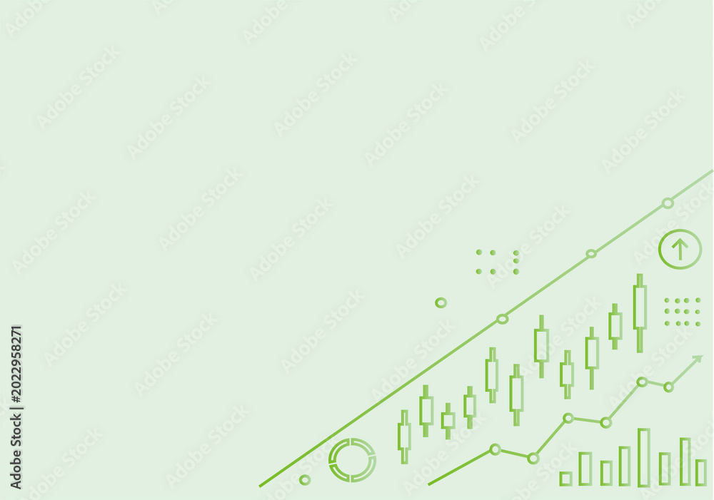 Obraz premium Modern Stock Market Trading Infographic light green Background with Candlestick Chart and Financial Growth Line