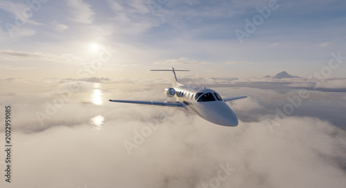 Bilde på lerret Private Jet 3D Rendering Flying Above Clouds at Sunrise Over Ocean — Luxury Busi