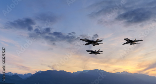 Tableau sur toile Three Fighter Jets in Formation Over Mountain Sunset — 3D Aircraft Rendering Wit
