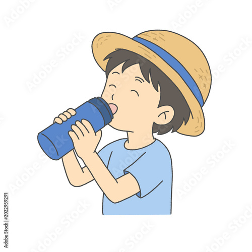 Cute boy in straw hat drinking from water bottle illustration