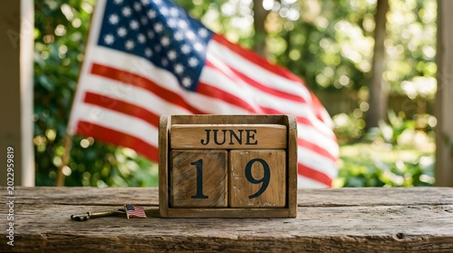 Wooden calendar displaying june 19 with american flag in background and key on table.