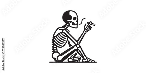 Bilde på lerret Skeleton smoking cigarette with black and white bad habit memento mori t shirt d