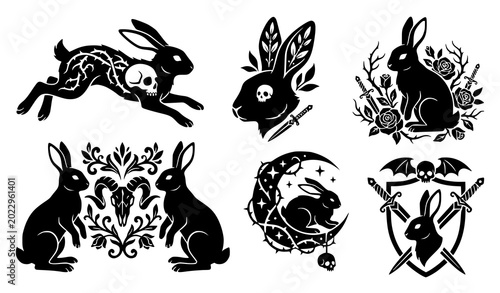 Photos Gothic rabbit silhouette bundle vector spooky sticker illustration set