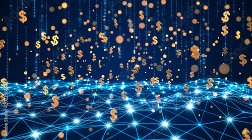 Digital currency background with falling gold dollar signs, glowing blue network grid, financial technology concept for online banking and fintech