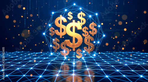 Digital currency network with golden dollar signs, futuristic financial technology background, global banking and investment concept with blue glowing data grid