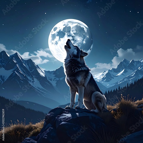 Wolf howling at full moon landscape.