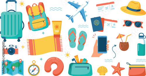 Summer Travel Vacation Vector Set With Suitcase, Backpack, Airplane Tickets, Camera, Map, and Beach Accessories