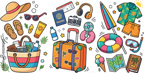 Summer Travel Vacation Vector Set With Suitcase, Beach Bag, Passport, Sunglasses, Camera, and Tropical Holiday Accessories