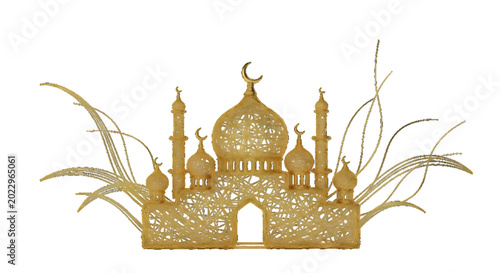 Ornate golden mosque silhouette with decorative elements, symbolizing faith and culture.