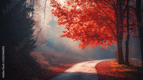 Autumn road with vibrant red trees and fallen leaves on a foggy day in forest