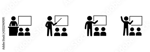 Canvastavla Stick figure set, silhouette of teacher giving presentation, writing on blackboard, and students following lesson