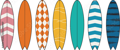Fotografie Assorted Surfboards with Colorful Patterns and Designs