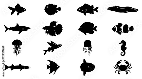 Photography Collection of diverse aquatic sea creatures and ocean life silhouettes presented
