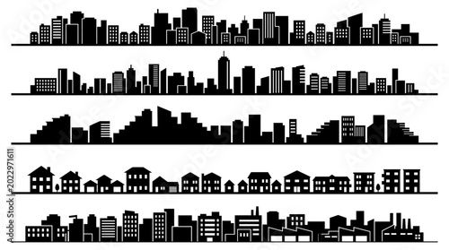 Detailed set of black city skyline silhouettes featuring various urban buildings and residential houses in a clean vector illustration format