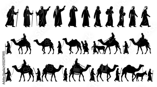 Collection of black silhouettes featuring desert travelers and camels walking in a group for various traditional middle eastern cultural designs