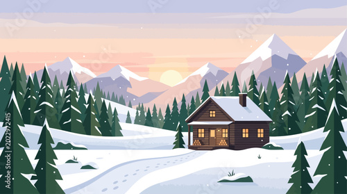Snowy cabin in the mountains with pine trees