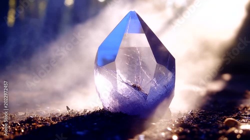 Crystal formation in misty forest setting