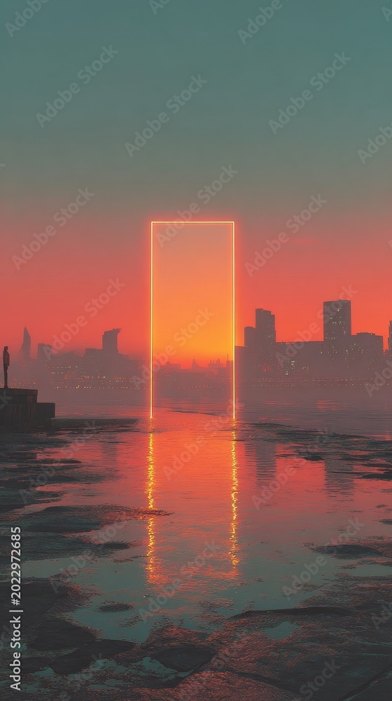 Fototapeta premium Glowing neon door above Manchester skyline at sunset, vibrant cityscape with warm sky and modern urban buildings