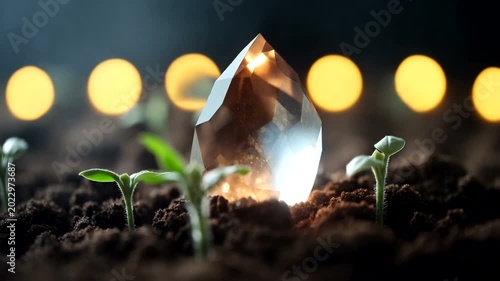 Crystal in Soil Surrounded by Growing Plants at Night