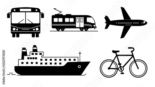 Photos black and white icons of bus, train, airplane, ship, and bicycle transport modes