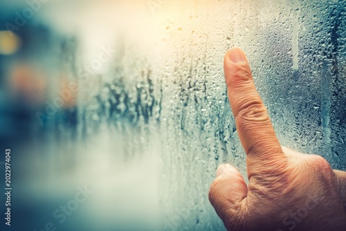 Finger Touching Misty Glass with Soft Focus Background in Rain