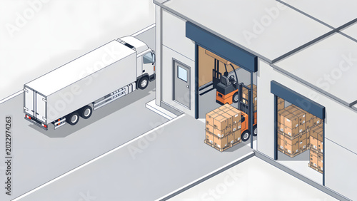 Foto white delivery truck and orange forklift loading brown cardboard boxes at wareho