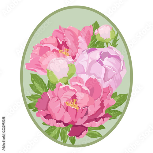 A bouquet of peonies on a white background, framed for use as a postcard or cosmetics logo.