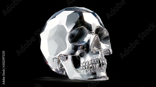 Crystal skull sculpture reflecting light in dark space
