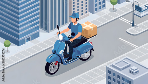 Canvas Print young delivery rider wearing helmet on blue scooter with box in city street