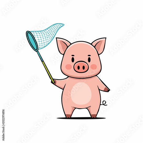 Cute cartoon pig holding a butterfly net
