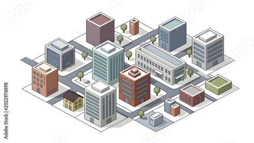 Bild auf Leinwand isometric city block with modern buildings roads and green trees urban landscape