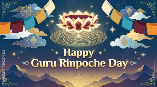 Happy guru rinpoche day greeting card with lotus flower, prayer flags, and traditional tibetan buddhist symbols