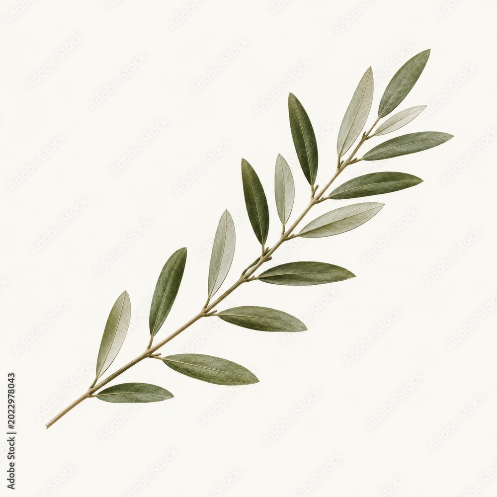 Fototapeta premium Elegant Green Olive Branch Isolated on Soft Beige Background, Perfect for Natural Decor, Organic Style, Brand Identity, and Art Use in Various Projects