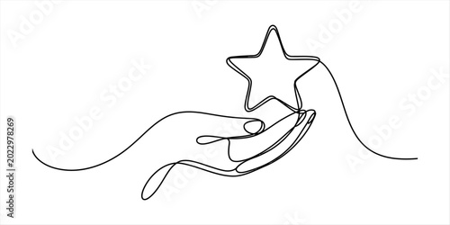 Human hand holding a star shape in one continuous line drawing art style