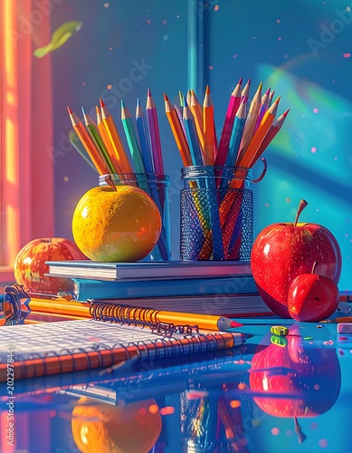 Vibrant Still Life of School Supplies and Apples on a Reflective Desk with Warm and Cool Lighting.