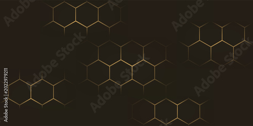 Fotografie Hexagon technology black dan berwarna emas honeycomb abstract background