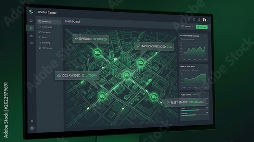 A futuristic city map displayed on a large screen shows green lines and dots connecting various locations with graphs and data.