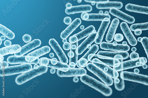 Scientific visualization of Enterobacteriaceae, gram-negative rod-shaped bacteria in intestinal microbiome causing disease. 3D rendering illustration