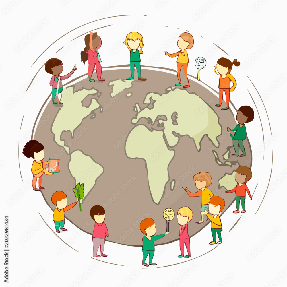 Fototapeta premium Diverse children standing around the globe promoting unity and peace. 