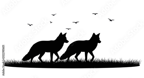 Photography Two Foxes Silhouette Walking in Grassy Field with Birds Flying Above