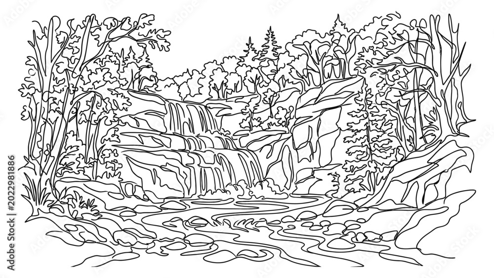 Naklejka premium Black and white illustration of a waterfall in a forest with trees and rocks.