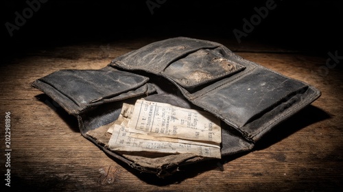 Aged worn leather wallet lying open with old papers inside on a wooden surface