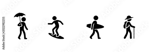 Set of vacation and activity icons, stickman silhouettes in surfing and hiking poses