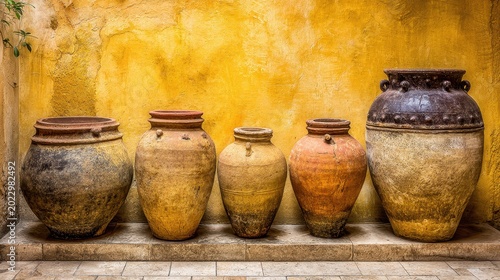 Collection of Rustic Unglazed Clay Pots Arranged Against Textured Yellow Wall