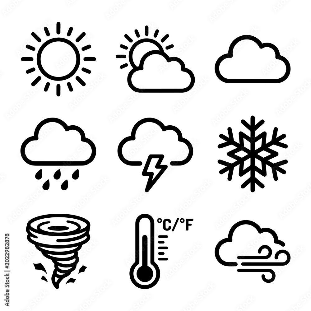 Fototapeta premium Weather icons set including sun cloud rain snow and temperature symbols