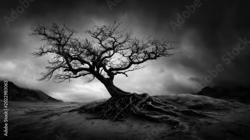 Gnarled Tree With Exposed Roots Against Dramatic Stormy Sky
